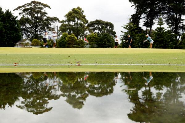 Steph Kyriacou, Glenn Maxwell, Ryan Papenhuyzen, and Darcy Parish play in the Pro Am prior to the ISPS Handa Australian Open 2024 at Kingston Heath Golf Club in Melbourne, Australia, on Nov. 27, 2024. (Darrian Traynor/Getty Images)