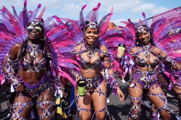Dancers prepare to take part in the adults parade, part of the Notting Hill Carnival celebration over the Summer Bank Holiday weekend in west London on Aug. 26, 2024. (Lucy North/PA Wire)
