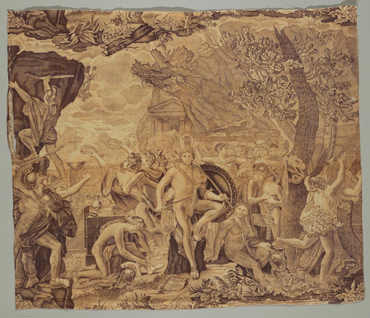 Textile of “Leonidas at Thermopylae,” circa 1815, after the <a href="https://collections.louvre.fr/en/ark:/53355/cl010065425" target="_blank" rel="nofollow noopener">painting</a> by Jacques-Louis David. Cooper Hewitt, Smithsonian Design Museum, Smithsonian Institution. (Public Domain)