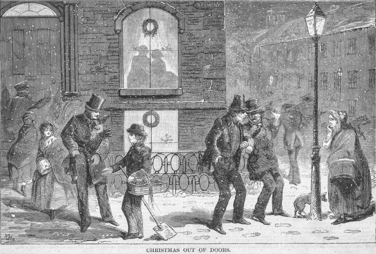 Engraving of the illustration “Christmas out of doors” by American artist Winslow Homer, showing the harshness of a cold snowy winter on the streets, printed in Harper's Weekly in New York in December 1858. (Archive Photos/Getty Images)
