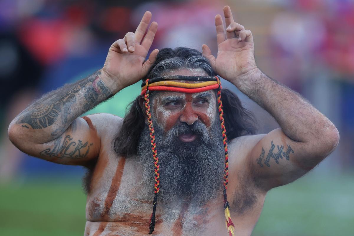 An indigenous Australian during the round three NRL match between Newcastle Knights and Melbourne Storm at McDonald Jones Stadium in Newcastle, Australia on March 24, 2024. (Scott Gardiner/Getty Images)