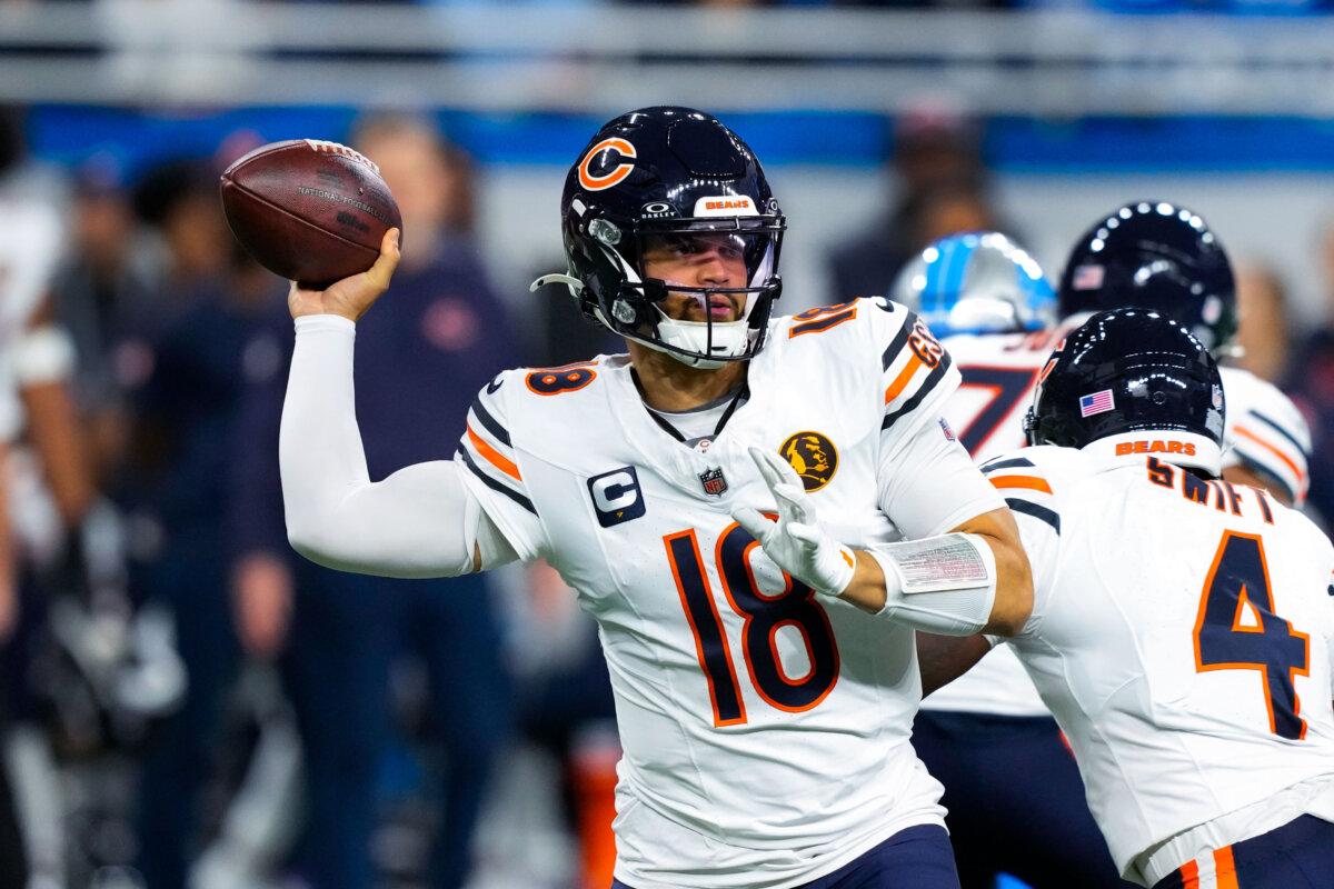 Chicago Bears quarterback Caleb Williams (18) throws against the Detroit Lions during the first half of an NFL football game in Detroit on Nov. 17, 2024. (Carlos Osorio/AP Photo)