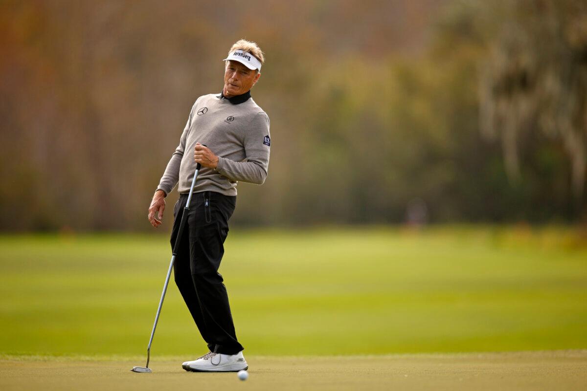 Bernhard Langer of Germany reacts to a putt on the ninth green during the second round of the PNC Championship at Ritz-Carlton Golf Club in Orlando, Fla., on Dec. 22, 2024. (Mike Ehrmann/Getty Images)