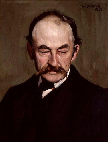 A portrait of Thomas Hardy, 1893, by William Strang. Oil on panel; 17 inches by 15 inches. National Portrait Gallery, London. (Public Domain)