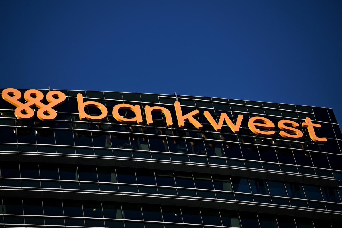 This picture taken on Nov. 26, 2024, shows the logo of Australian bank Bankwest is seen on its headquarters in Perth, Western Australia. (Saeed Khan/AFP via Getty Images)