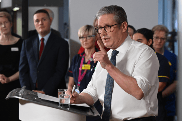 Prime Minister Sir Keir Starmer delivers a speech on his 'plan for change' commitments on health care during a visit to Elective Orthopaedic Centre in Epsom, Surrey, England, on Jan. 6, 2025. (Leon Neal/PA Wire)