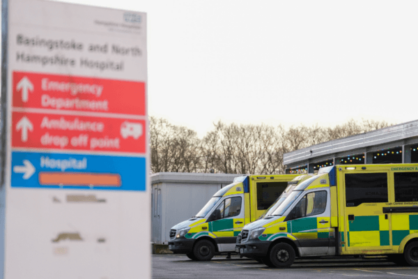 Ambulances outside the Basingstoke and North Hampshire Hospital in Basingstoke, England, on Jan. 8, 2025. (Andrew Matthews/PA Wire)