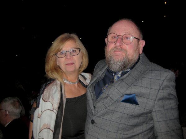 John and Deborah Ewens at the Shen Yun Performing Arts performance at Milton Keynes Theatre on Jan. 18, 2024. (Chloe Hsiao/The Epoch Times)