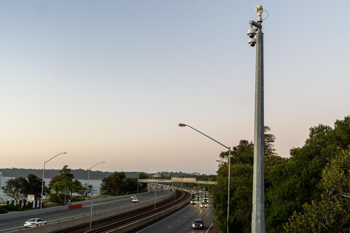 CCTV cameras on a section of the "smart freeway," which features 1,400 pieces of technology, along the Mitchell Freeway in Perth, Western Australia on Dec. 23, 2024. (Wade Zhong/The Epoch Times)
