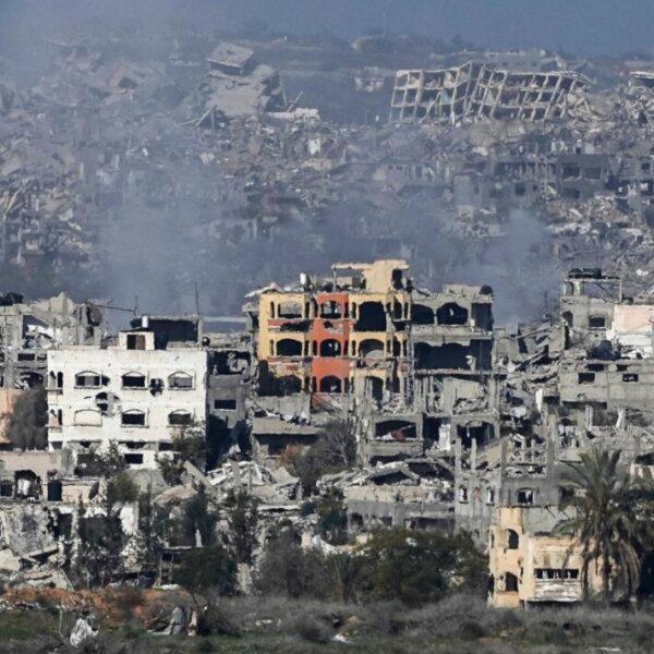 Buildings destroyed by Israeli bombardments are seen inside the Gaza Strip from southern Israel on Jan. 14, 2025. (AP Photo/Tsafrir Abayov)