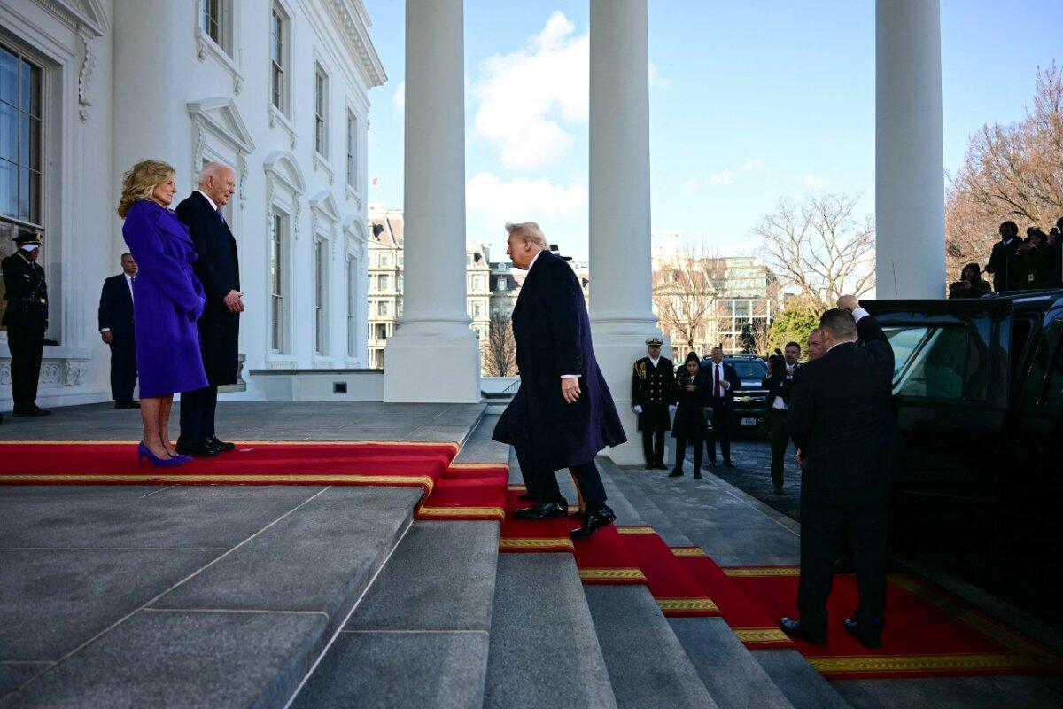 President Joe Biden and First Lady Jill Biden greet President-elect Donald Trump as he arrives at the White House in Washington, DC, on January 20, 2025, before departing for the US Capitol where Trump will be sworn in as the 47th President. (Jim Watson/AFP via Getty Images)