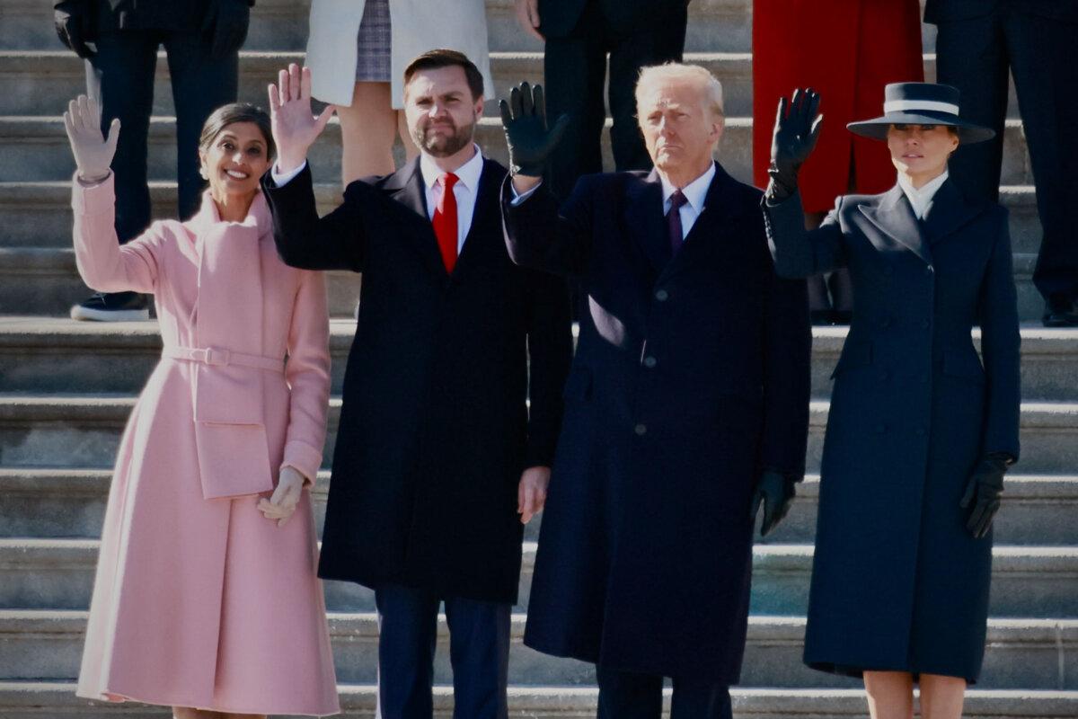 US President Donald Trump with first lady Melania Trump, Vice President JD Vance and his wife<br/>Usha Vance wait for former President Joe Biden and Jill Biden to depart from the US Capitol on Jan. 20, 2025. (John Fredricks/The Epoch Times)