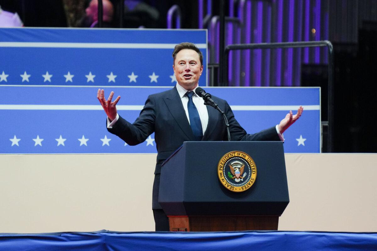 Elon Musk speaks following the inauguration of President Donald Trump during an event at Capital One Arena in Washington on Jan. 20, 2025. (Madalina Vasiliu/The Epoch Times)