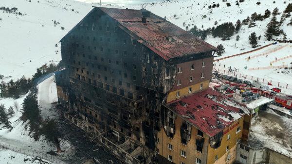 A drone view shows the aftermath of a fire at a hotel in the ski resort of Kartalkaya in Turkey, on Jan. 21, 2025. (Murad Sezer/Reuters)