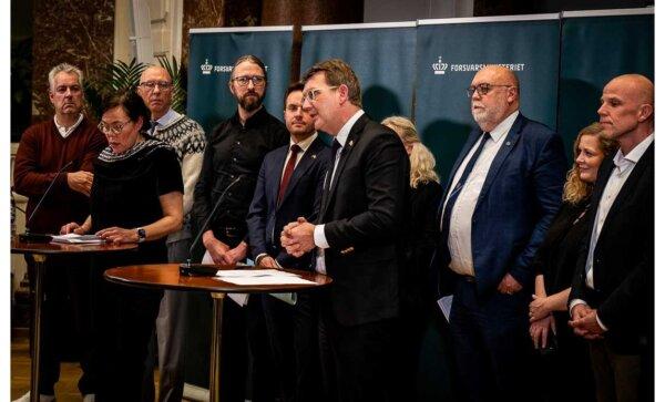 Danish Defense Minister Troels Lund Poulsen (C) speaks at a press conference at the Ministry of Defense in Copenhagen, Denmark, on Jan. 28, 2025. (Danish Ministry of Defense)