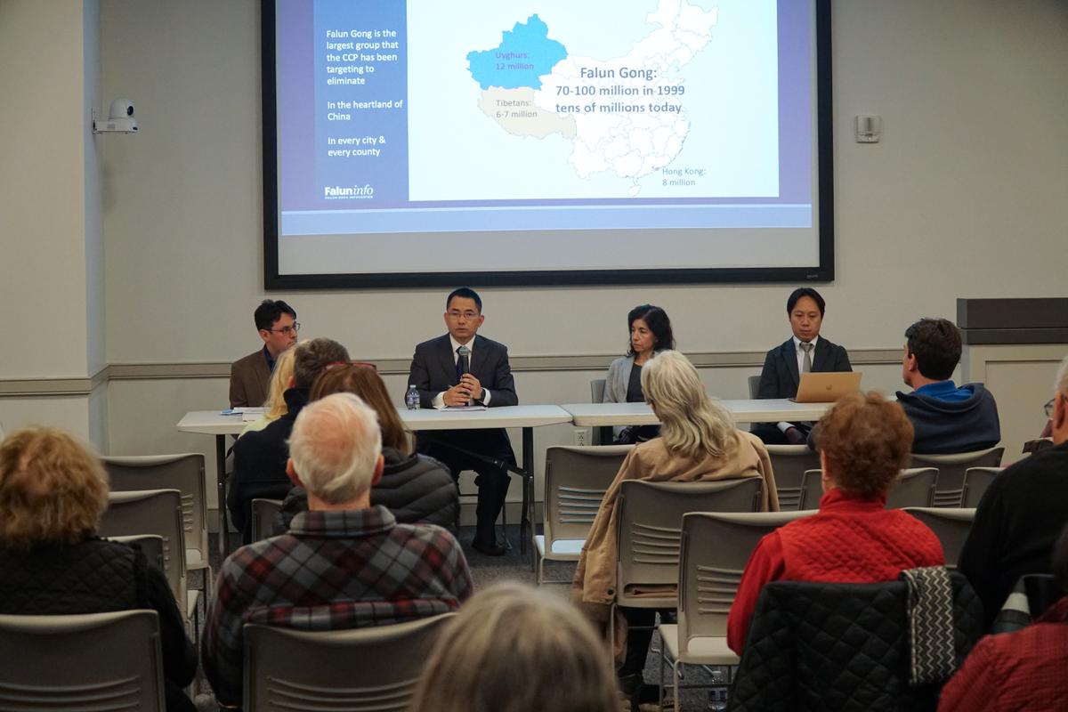 Four panelists at the film screening of "State Organs" at Doylestown Borough Hall in Pennsylvania on Jan. 29, 2025. From the left: board member of the Greater Philadelphia Falun Dafa Association Alex Luchansky, Falun Gong survivor of Falun Gong persecution William Huang, Jessica Russo, Psy.D., mental health adviser for Doctors Against Forced Organ Harvesting (DAFOH), Alex Chen, M.D., international liaison officer for the Taiwan Association for International Care of Organ Transplants (TAICOT). (Lily Sun/The Epoch Times)