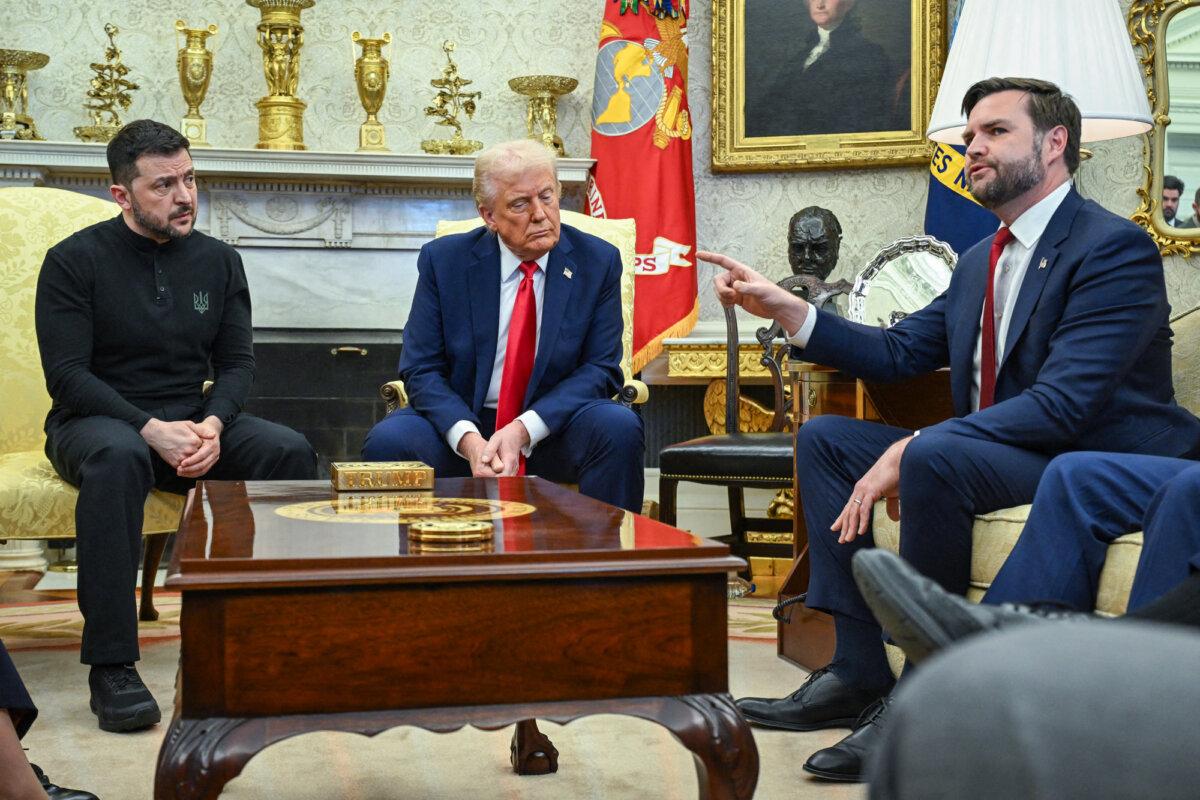 U.S. Vice President JD Vance (R) criticizes Ukrainian President Volodymyr Zelenskyy (L) during a meeting with U.S. President Donald Trump (C) in the Oval Office on Feb. 28, 2025. (Saul Loeb/AFP via Getty Images)