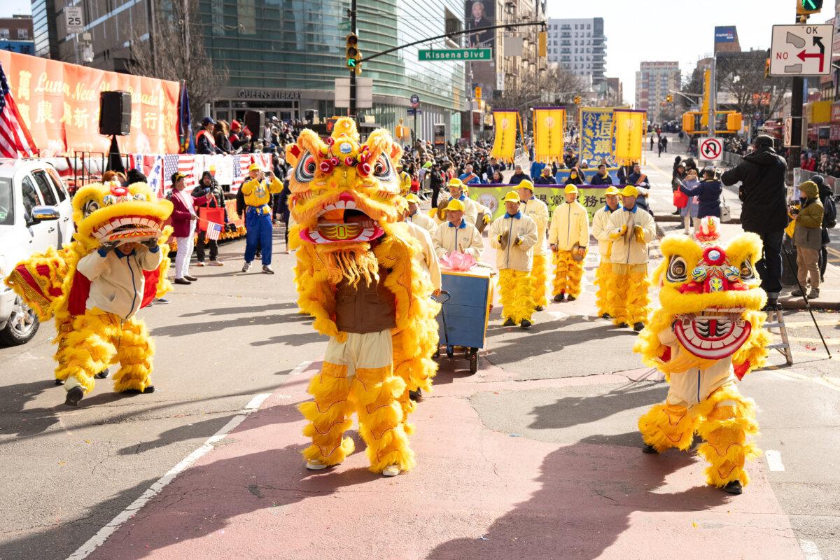 Falun Gong practitioners take part in the parade in the Flushing neighborhood of Queens, N.Y., on Feb. 1, 2025. (Larry Dye/The Epoch Times)
