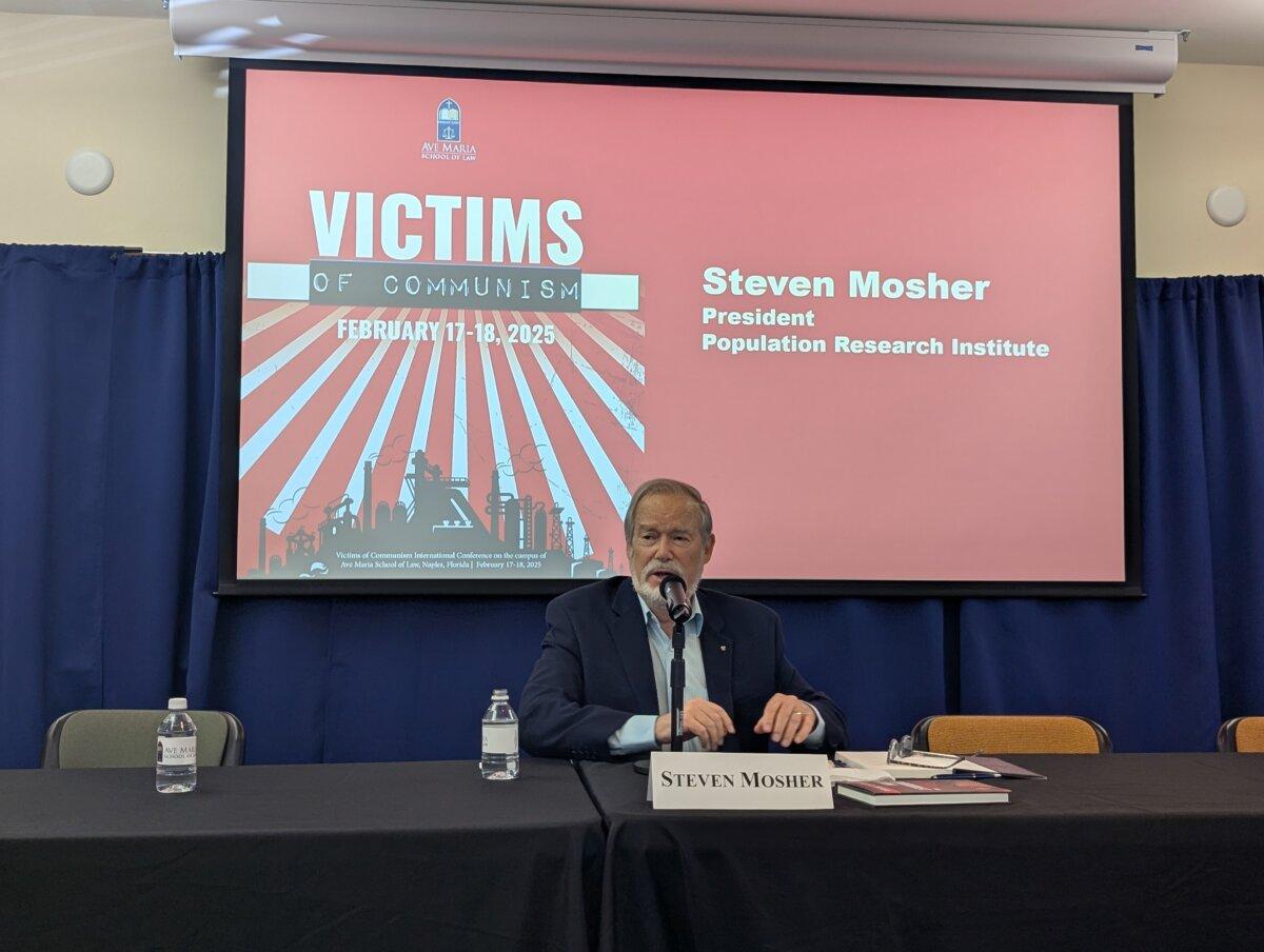Population Research Institute President Steven Mosher speaks at Ave Maria Law School's "Victims of Communism" conference in Naples, Fla., on Feb. 18, 2025. (Jacob Burg/The Epoch Times)