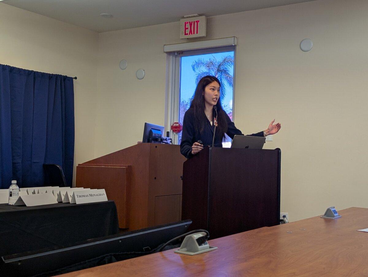 Cynthia Sun, senior researcher at the Falun Dafa Information Center and fellow at the First Freedom Foundation, speaks at Ave Maria Law School's "Victims of Communism" conference in Naples, Fla., on Feb. 18, 2025. (Jacob Burg/The Epoch Times)