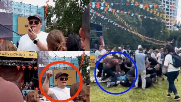 (Left) A man in a white shirt and black cap speaks into a walkie-talkie and points at Argentinian Falun Gong practitioners at the Chinese New Year Festival in Buenos Aires on Jan. 26, 2025. (Right) Minutes later, Ignacio Chirinos is pinned to the ground by dozens of Chinese at the Chinese New Year Festival in Buenos Aires on Jan. 26, 2025. (TikTok/marmeiss; courtesy of Falun Dafa Information Center)