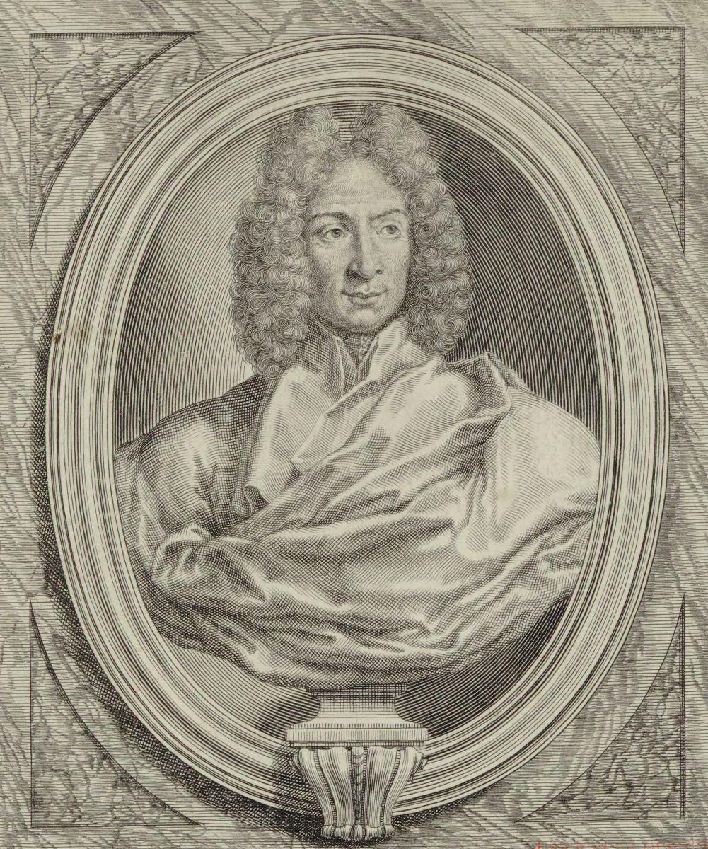 An engraving of a bust of Corelli from the title page of his "Twelve Concerti Grossi," Op. 6, from 1714. (Public Domain)