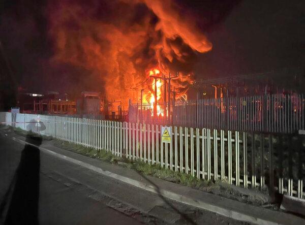 A fire at the North Hyde electrical substation, which caught fire Thursday night and lead to a closure of Heathrow Airport in London, on March 21 2025. (London Fire Brigade via AP)