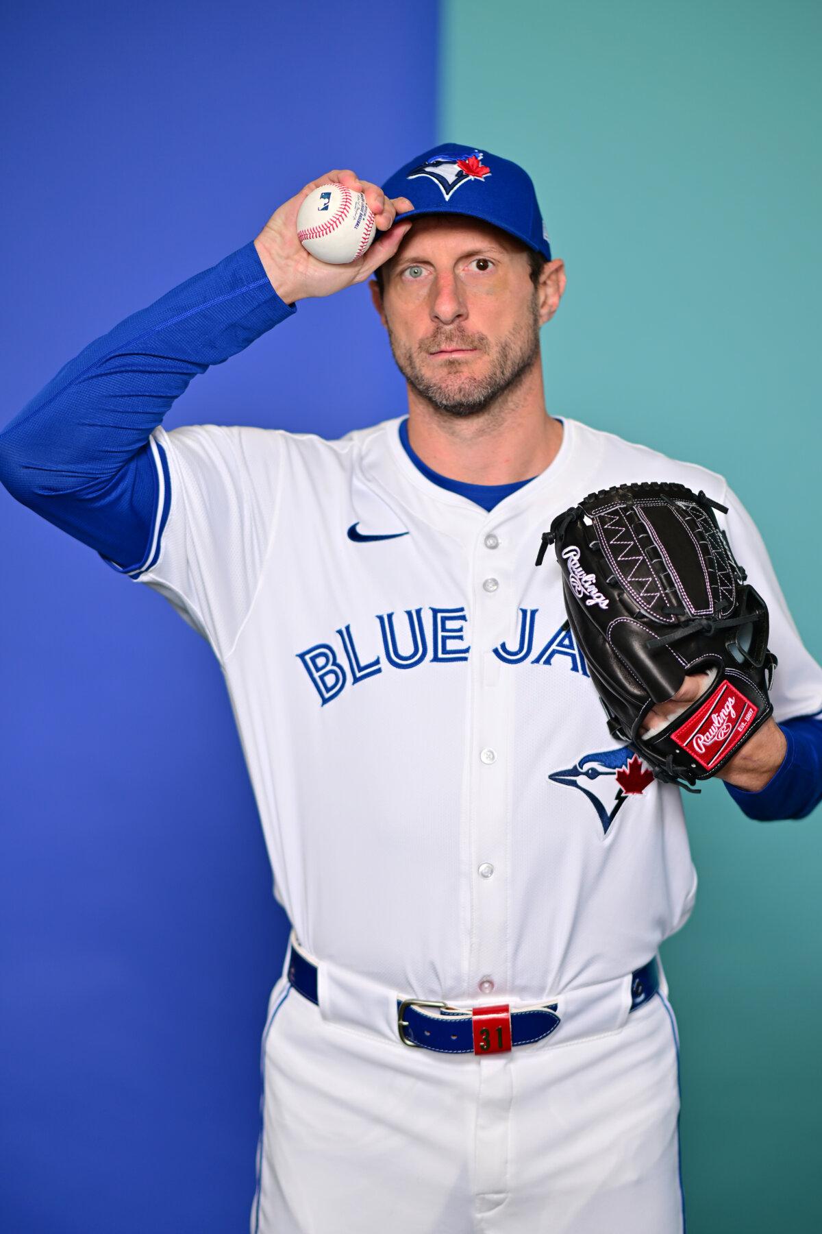 Max Scherzer (30) of the Toronto Blue Jays poses for a portrait during the 2025 Toronto Blue Jays Photo day at the Player Development Complex in Dunedin, Fla., on Feb. 21, 2025. (Julio Aguilar/Getty Images)