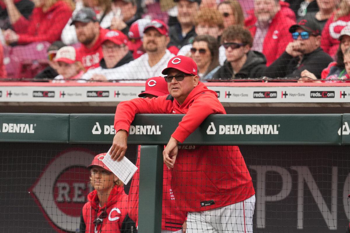 Terry Francona (77) of the Cincinnati Reds looks on during an Opening Day baseball game against the San Francisco Giants at Great American Ball Park in Cincinnati, Ohio, on March 27, 2025. (Jeff Dean/Getty Images)