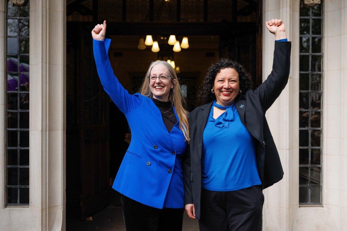 Celebrations outside the Supreme Court after it ruled that "the terms woman and sex in the Equality Act 2010 refer to a biological woman and biological sex," in response to a long-running legal dispute between the activist group For Women Scotland and the Scottish Government, in London on April 16, 2025. (Dan Kitwood/Getty Images)