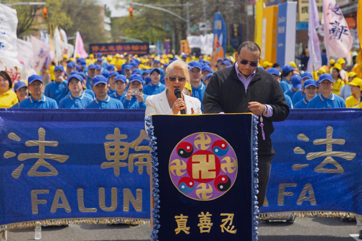 Martha Flores-Vazquez, New York State Assembly district leader for Flushing, speaks at a Falun Gong rally in the Flushing neighborhood of Queens in New York City on April 19, 2025. (Mark Zou/The Epoch Times)