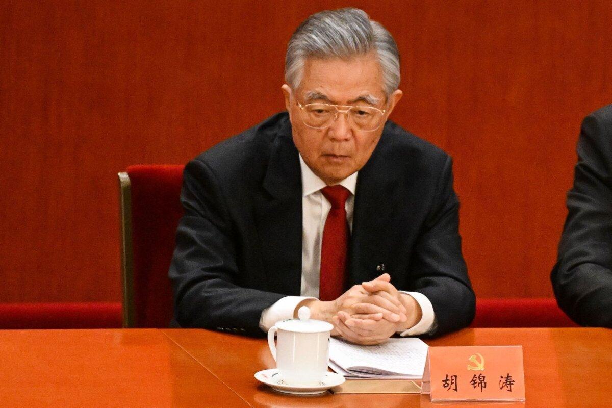 Former Chinese leader Hu Jintao attends the opening session of the 20th Chinese Communist Party's Congress at the Great Hall of the People in Beijing on Oct. 16, 2022. (Noel Celis/AFP via Getty Images)