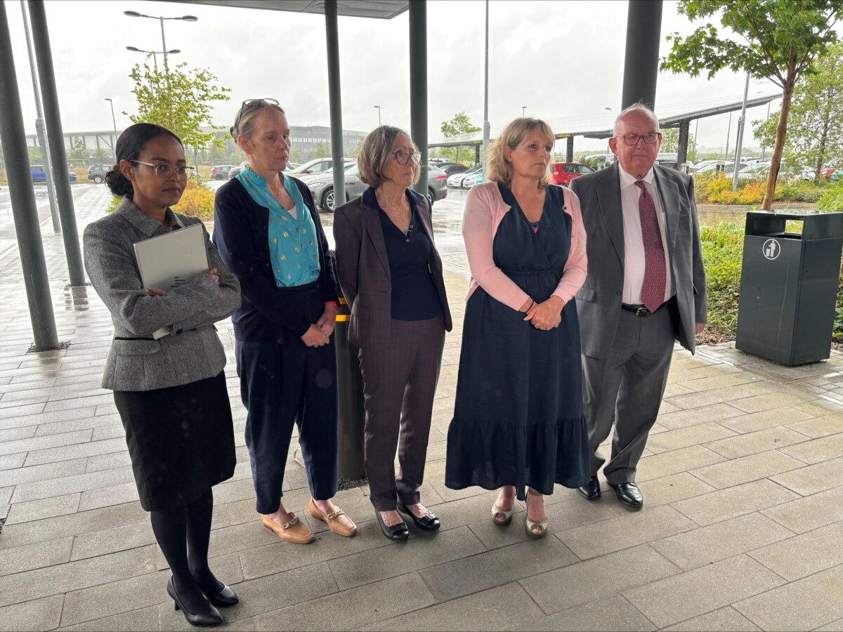 Stephen Chamberlain's widow Karen (2nd right) and father Grenville Chamberlain (right) speaking outside court after his inquest in Cambridgeshire on June 3, 2025. (Sam Russell/PA Wire)