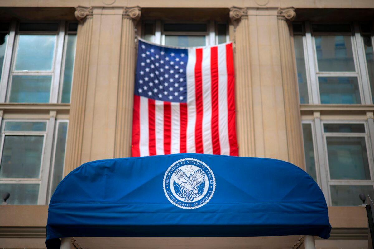 The Department of Veterans Affairs logo marks the entrance to their headquarters building in Washington on April 24, 2025. (Chip Somodevilla/Getty Images)