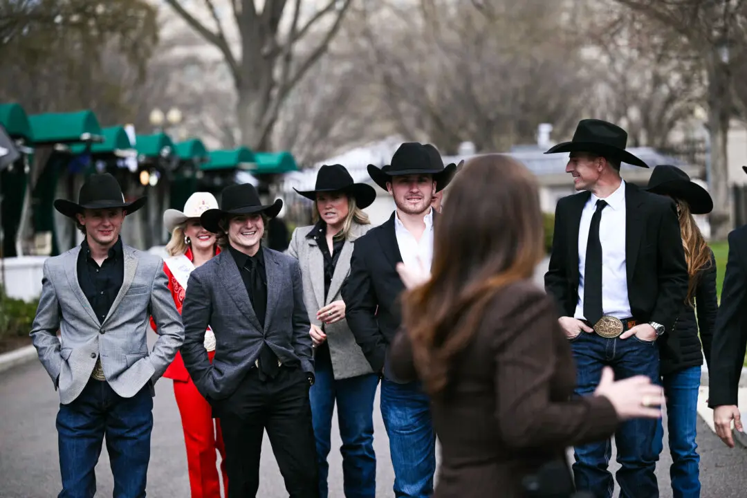 Secretary of Agriculture Brooke Rollins joined by the National Finals Rodeo champions, speaks to members of the press outside of the West Wing of the White house on March 13, 2026. (Brendan Smialowski / AFP via Getty Images)