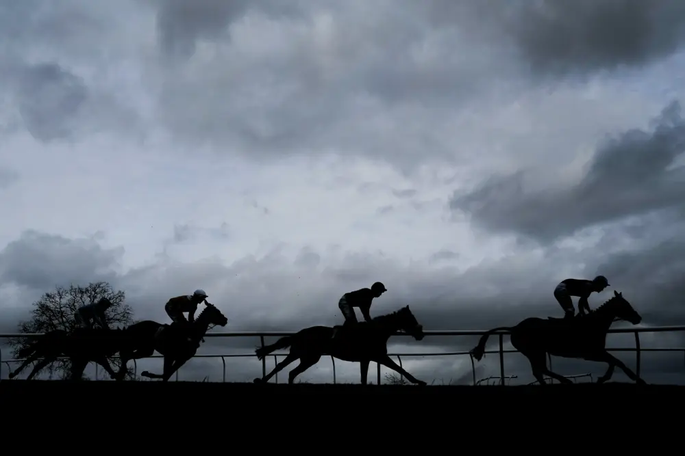 A general view as jockey's round the top bend at Plumpton Racecourse in Plumpton, England, on March 16, 2026. (Alan Crowhurst/Getty Images)