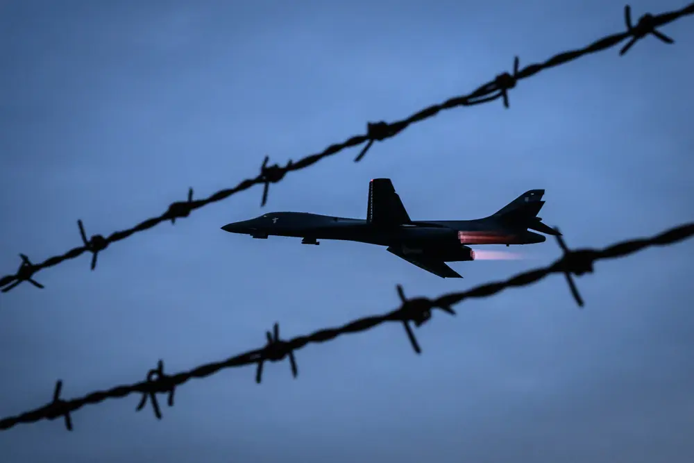 A Rockwell B1 Lancer heavy bomber takes off at RAF Fairford, in Fairford, England, on March 16, 2026. (Leon Neal/Getty Images)