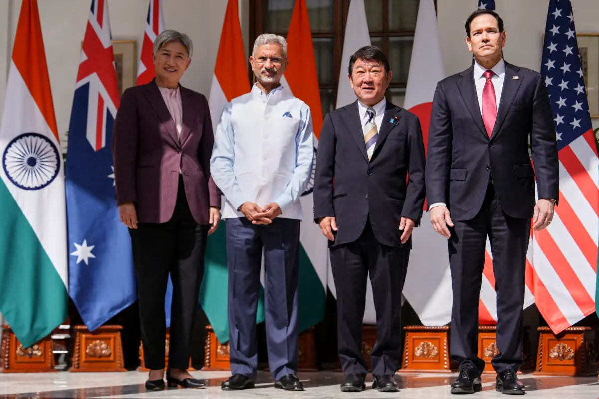 (L-R) Australian Foreign Minister Penny Wong, India’s Minister of External Affairs S. Jaishankar, Japanese Foreign Minister Toshimitsu Motegi and U.S. Secretary of State Marco Rubio pose after a Quad ministerial meeting at Hyderabad House in New Delhi, India, on May 26, 2026. (Julia Demaree Nikhinson/Reuters)
