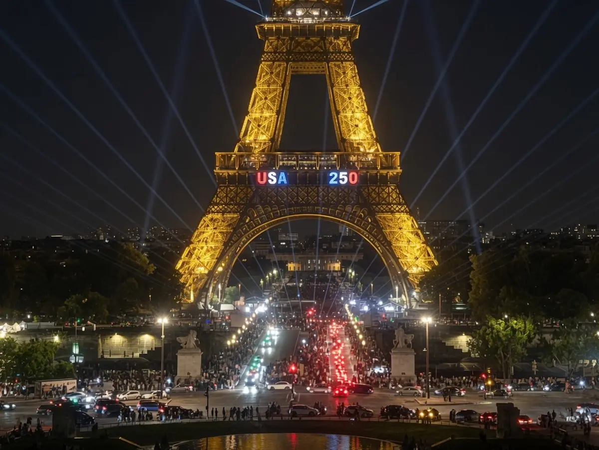 ‘USA 250’ Lights Up the Eiffel Tower as Paris Marks American Independence