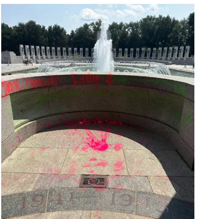 The vandalized National World War II Memorial In Washington on Aug. 13, 2026. (U.S. Department of Justice)