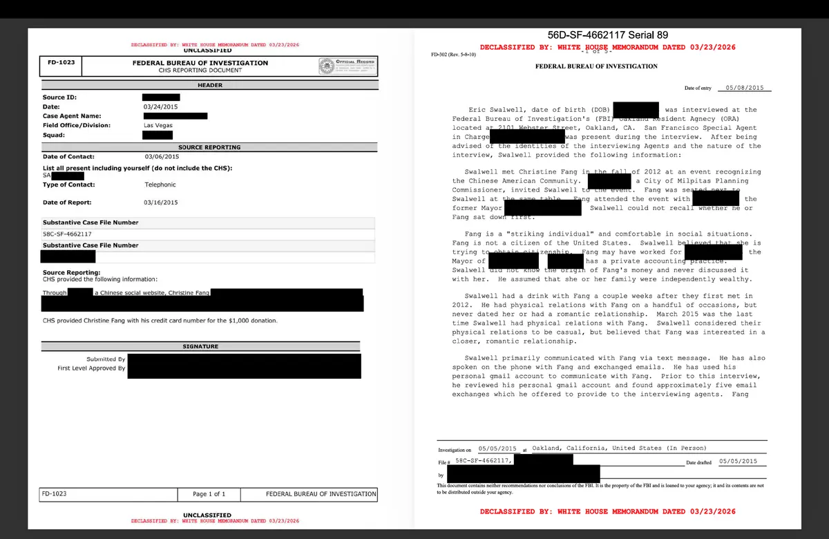 Newly declassified documents released by the White House Government Transparency Task Force on Aug. 17 reveal admissions from former Rep. Eric Swalwell (D-Calif.) that he had a sexual relationship with suspected Chinese spy Christine Fang. (Courtesy of the White House)