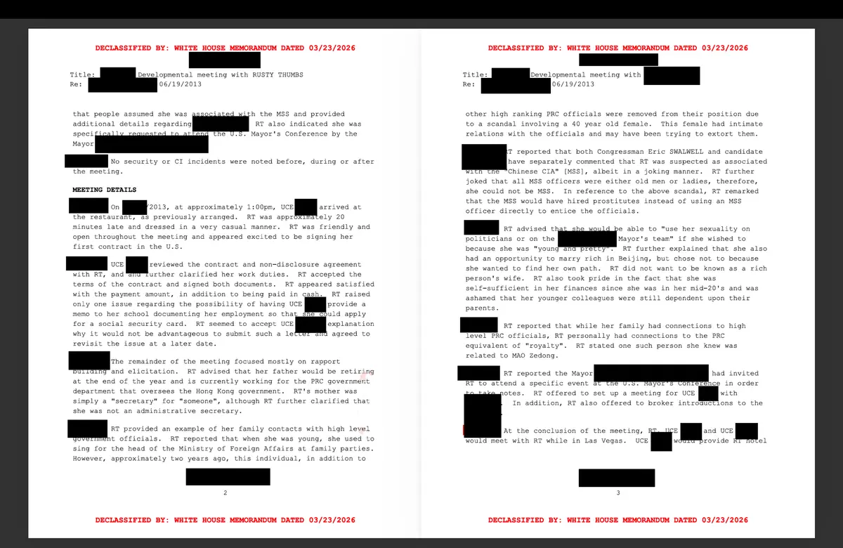 Newly declassified documents released by the White House Government Transparency Task Force on Aug. 17 reveal an operation to investigate suspected Chinese spy Christine Fang, code-named Rusty Thumbs. (Courtesy of the White House)