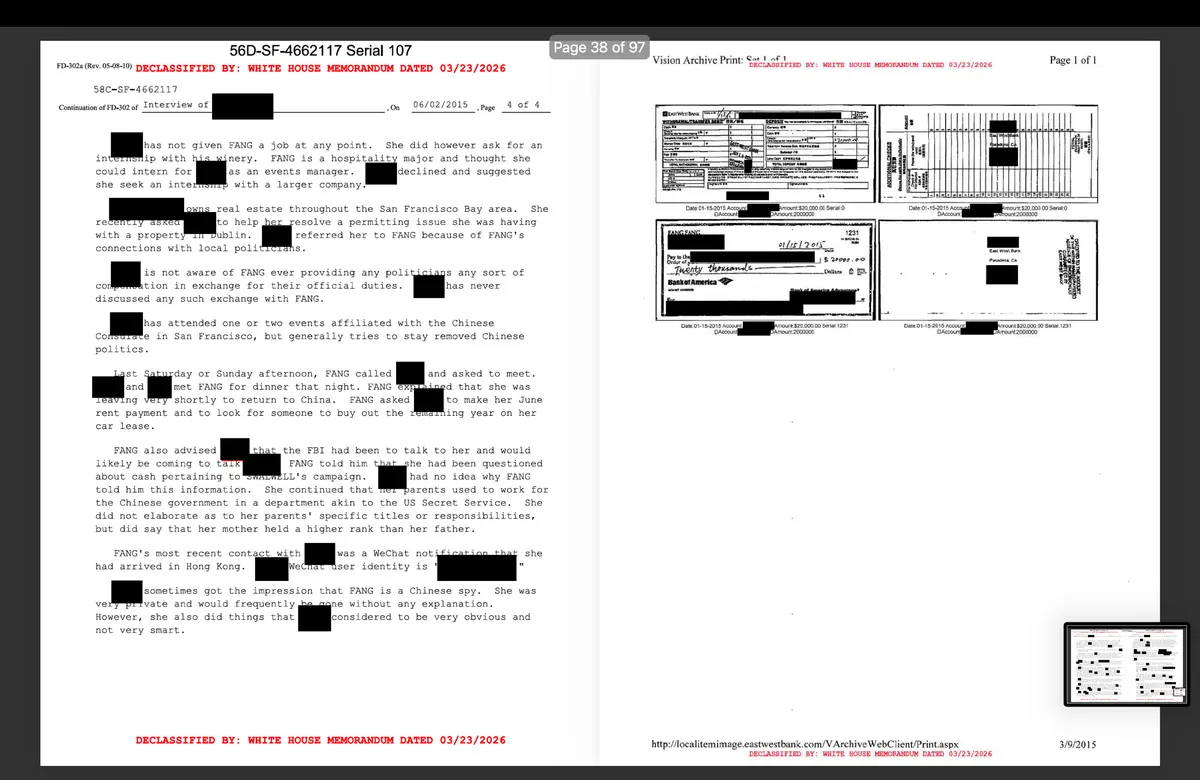 Newly declassified documents released by the White House Government Transparency Task Force on Aug. 17 reveal an operation to investigate suspected Chinese spy Christine Fang and her ties to the Chinese Communist Party's intelligence agency. (Courtesy of the White House)