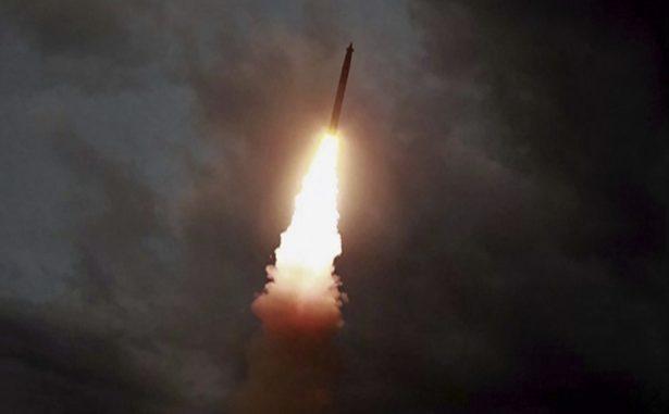 This image made from video of a still image broadcasted by North Korea's KRT shows a rocket soaring during a test in North Korea on Aug. 1, 2019. (KRT via AP Video)