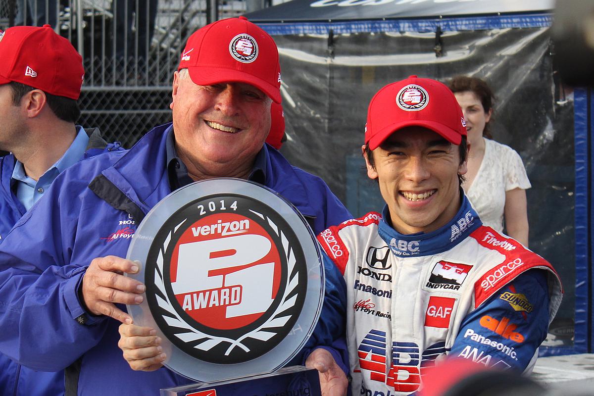 AJ Foyt and Takuma Sato share the Verizon P1 Pole Award after Sato scored the pole for the St. Pete Grand Prix. (Chris Jasurek/Epoch Times) AJ Foyt and Takuma Sato share the Verizon P1 Pole Award after Sato scored the pole for the St. Pete Grand Prix. (Chris Jasurek/Epoch Times)