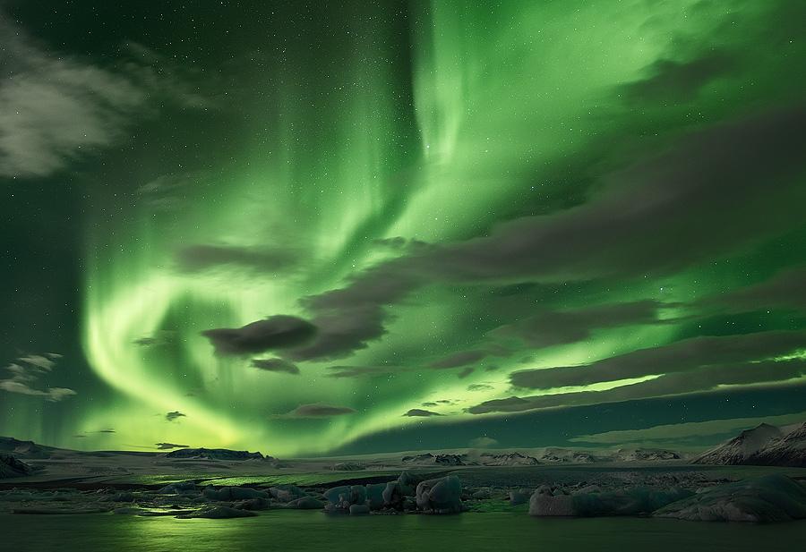 "Shades of Green." Photographer Erez Marom describes: "An amazing night of Aurora Borealis over Iceland's famous Glacier Lagoon. The shapes that the Northern Lights take never stop mesmerizing me." (Erez Marom)