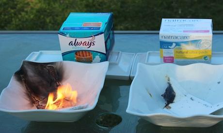 Notice how much bigger the flame is on the Always Infinity pad, while the Natracare pad hardly burns (Naturally Savvy)