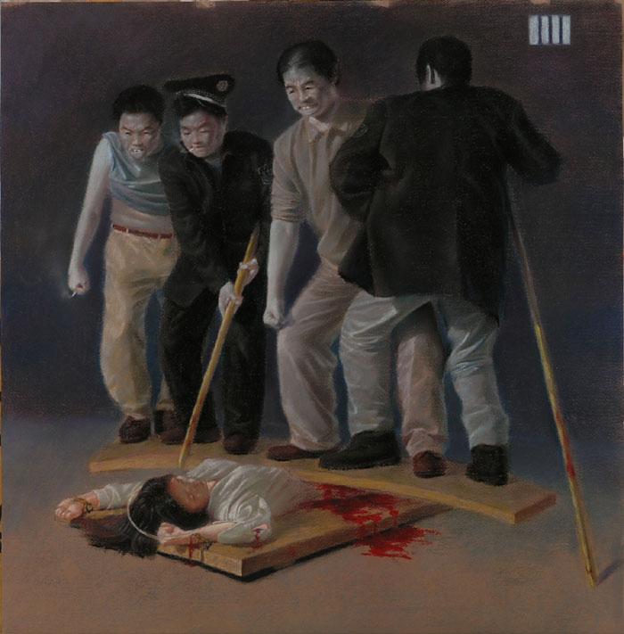 Policemen and prison inmates (who would probably receive a reduced sentence for torturing Falun Gong practitioners) step on a wooden board over a woman's lower abdomen. (Minghui.org)