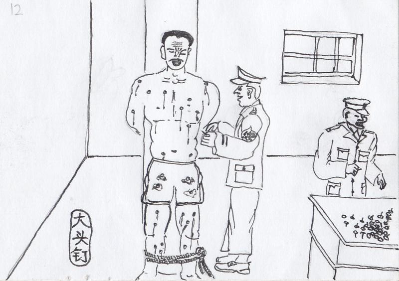 Police in Shenyang City, Liaoning Province stick dozens of push pins into a Falun Gong practitioner's bodies. (Minghui.org)