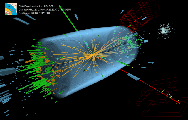 <a><img class="size-full wp-image-1785348" title="Event recorded with the CMS detector in 2012 at a proton-proton centre of mass energy of 8 TeV. The event shows characteristics expected from the decay of the SM Higgs boson to a pair of Z bosons, one of which subsequently decays to a pair of electrons (green lines and green towers) and the other Z decays to a pair of muons (red lines). The event could also be due to known standard model background processes. (CERN) " src="https://www.theepochtimes.com/assets/uploads/2015/09/higgs_640.gif" alt="Event recorded with the CMS detector in 2012 at a proton-proton centre of mass energy of 8 TeV. The event shows characteristics expected from the decay of the SM Higgs boson to a pair of Z bosons, one of which subsequently decays to a pair of electrons (green lines and green towers) and the other Z decays to a pair of muons (red lines). The event could also be due to known standard model background processes. (CERN) " width="640" height="410"/></a>